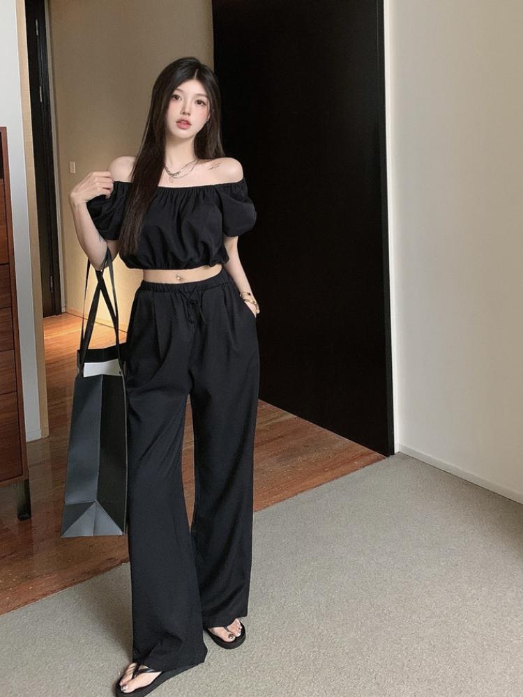 

Women' Two Piece Pants Summer One Shoulder Bubble Sleeve Wrap Chest Women' Thin Retro Loose Short Top Wide Leg Set TracksuitWomen, Black
