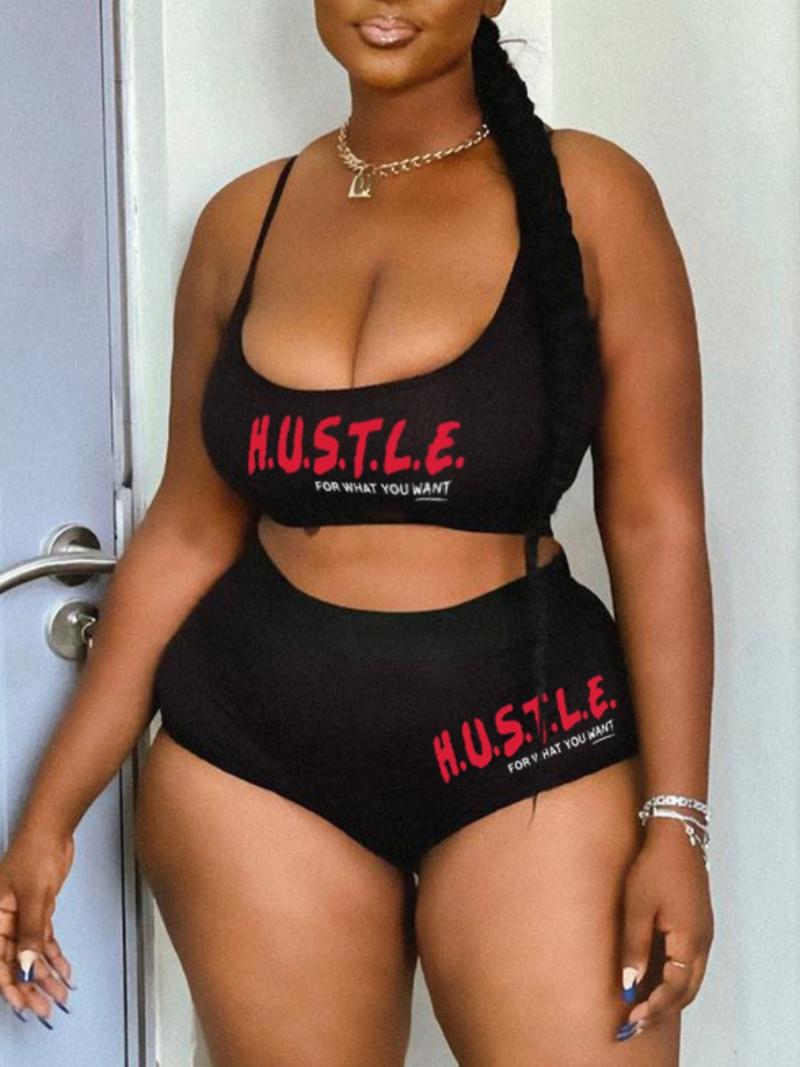 

Women's Plus Size Tracksuits Shorts Set Hustle Letter Print Sexy Sleeveless U Neck Sheath Tops And Matching OutfitsWomen's, Black