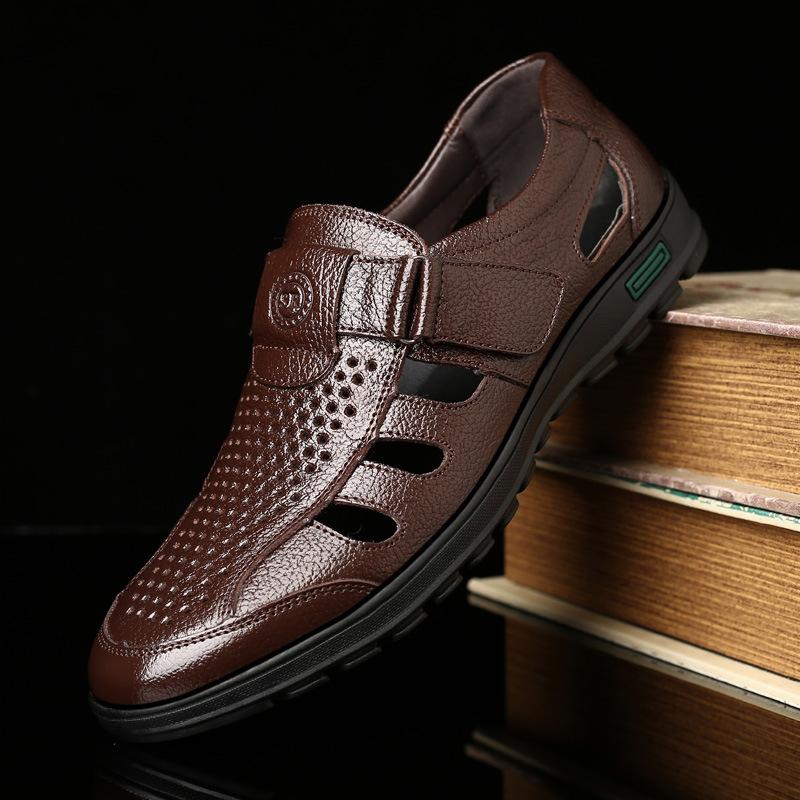 

Sandals Men's Genuine Leather Men Summer Hollow Breathable Shoes Mens Casual Soft Comfortable Flats EU Sizes 38-48Sandals, Brown