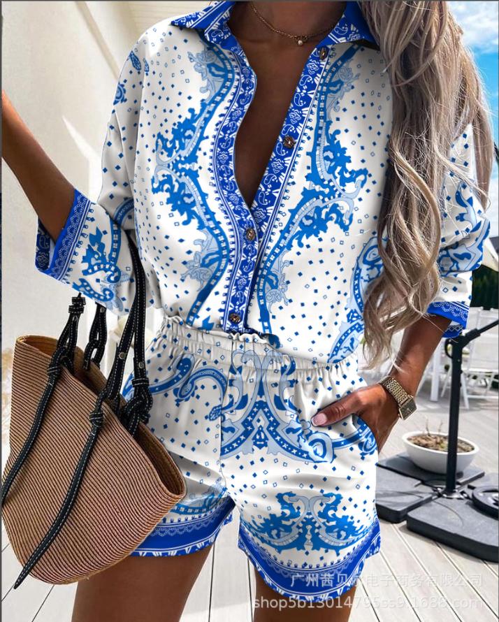 

Women' Tracksuits Casual Shorts Set Women Summer 2022 Long Sleeve Round Hole Embroidered Button Top Shirt And Bag Design Solid White Suit