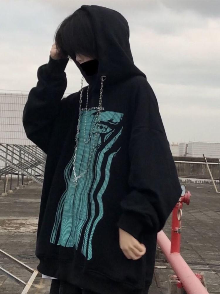 

Women's Hoodies & Sweatshirts Y2k Top Spring And Autumn Harajuku Hooded Printed Sweater Female Students Korean Retro Loose Style Long-sleeve, Black