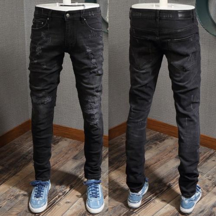 

2022 Patches Detail Biker Fit Jeans Men Slim Motorcycle For Mens Vintage Distressed Denim Jean Pants, Amr-8085