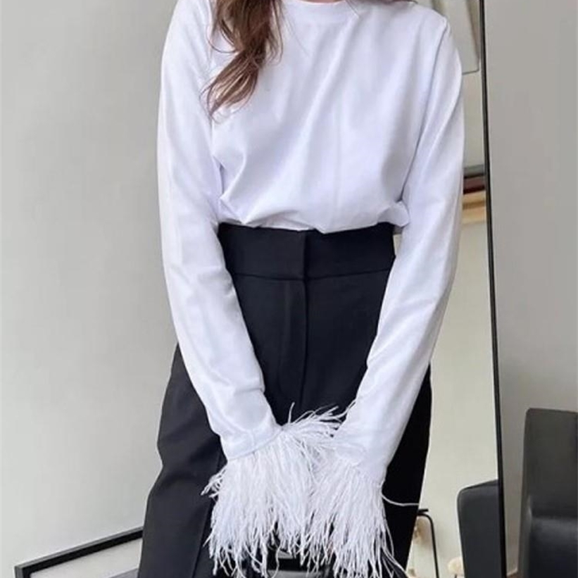 

Early Spring Women Elegant Splicing Feather Long Sleeve Blouse T-Shirt Female Fashion Chic Simple Casual Pullovers Top 220322, Black
