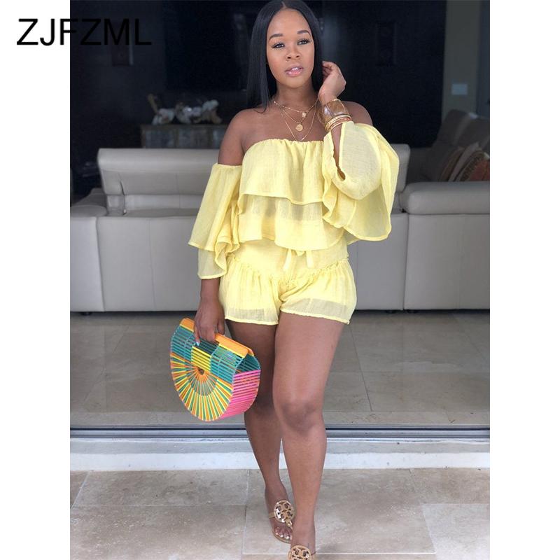 Women&#039;s Two Piece Pants Sexy Sweatsuits Summer Clothes For Women Slash Neck Ruffles Sleeve Crop Top+ Biker Shorts Casual 2 Matching Set-image-759978321