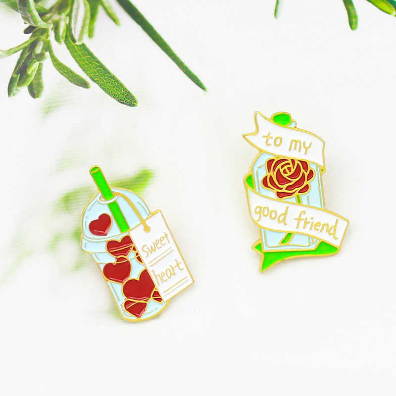 

Fashion cartoon love milk tea Ribbon Rose fragrance bottle design alloy brooch jewelry trend Badge