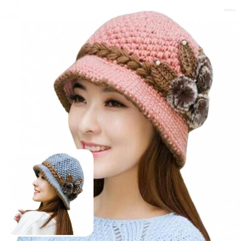 

Visors Great Women Hat Attractive Knitted Eye-catching Flower Ornament Handmade Knit Lined Winter HatVisors, Grey