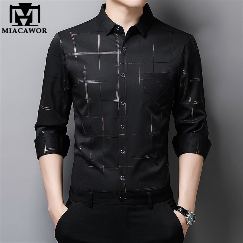 

MIACAWOR Spring Long Sleeve Shirts Men Slim Fit Luxury Silk Shirt Casual Plaid Camisa Masculina Clothes C731 220323, Sky blue