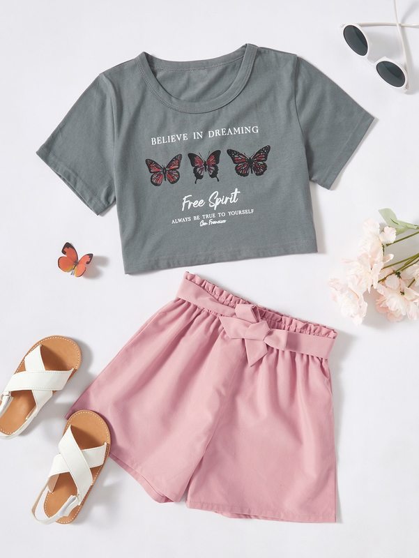 

Girls Slogan & Tee & Belted Shorts SHE, Multicolor