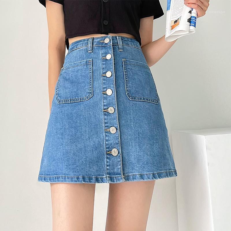 

Denim Skirt A- Line Women ' Summer High Waist Elastic Single-Breasted Skirts, Blue