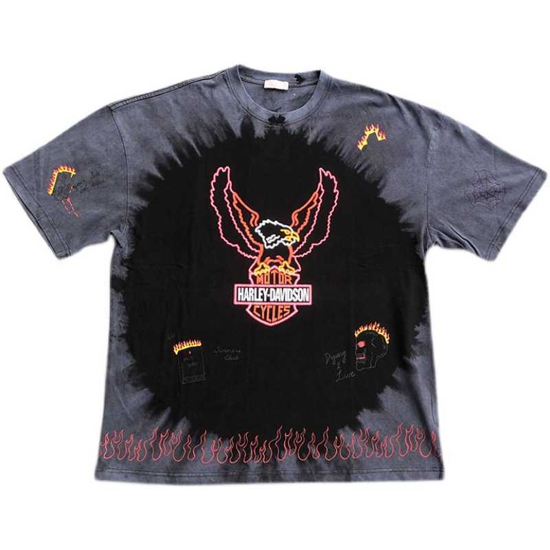 

Men's T-Shirts European and American high street rhude summer Harley Vintage Eagle print wash tie dye round neck short sleeve T-shirt, Black