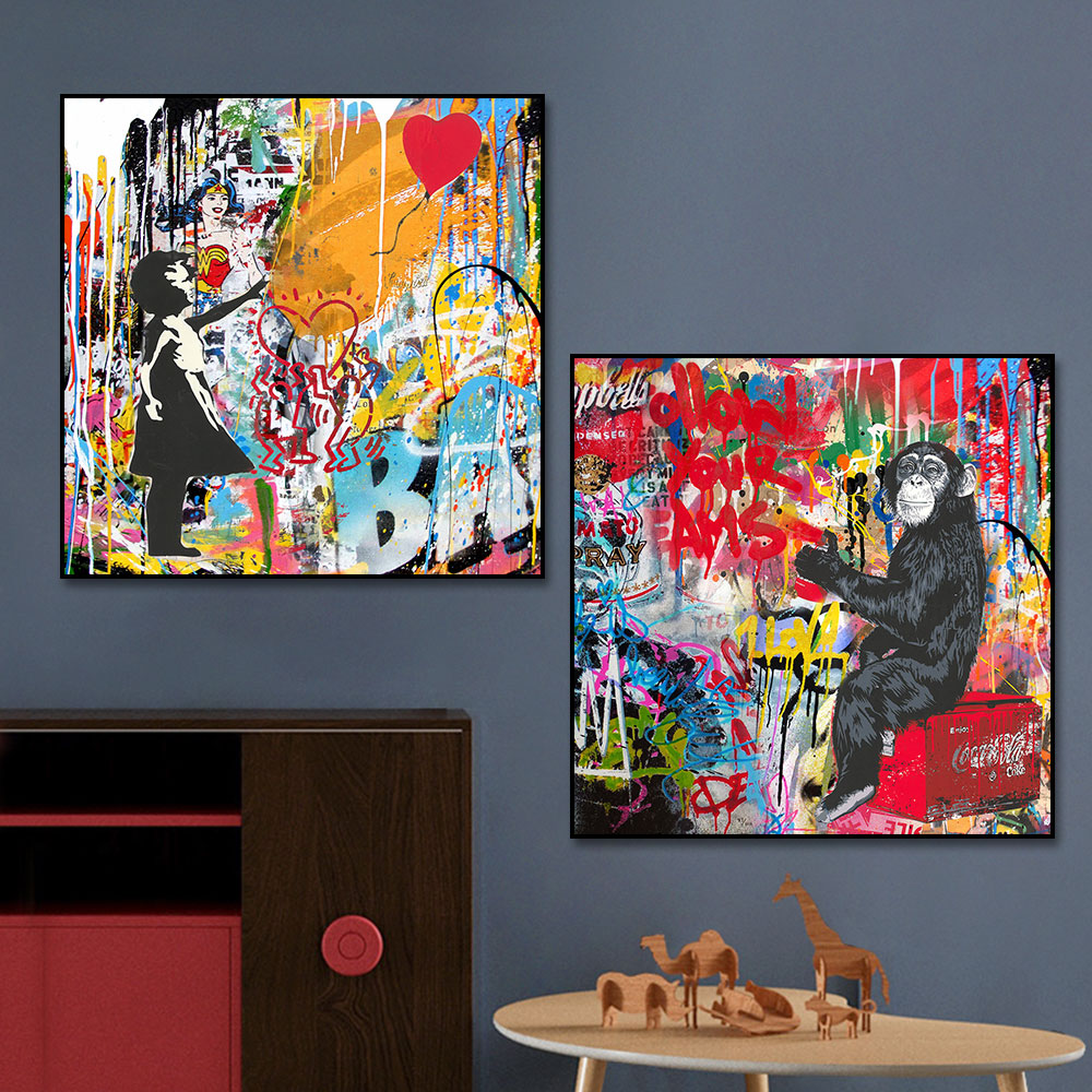

Colorful Wall Decor Abstract Wall Art Canvas Painting Pictures Funny Monkey Elegant Lady Portrait Poster and Prints for Living Room Bedroom Office