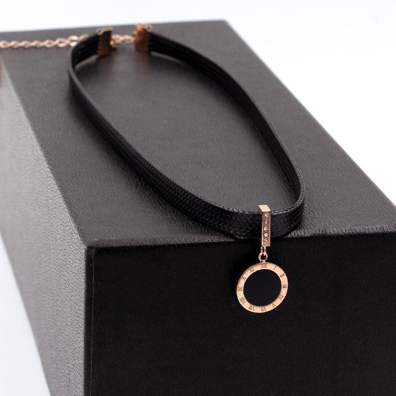 

Chains Cool Titanium Steel Rose Gold Black Roman Digital Necklace Choker Leather Rope Women's Short NecklaceChains