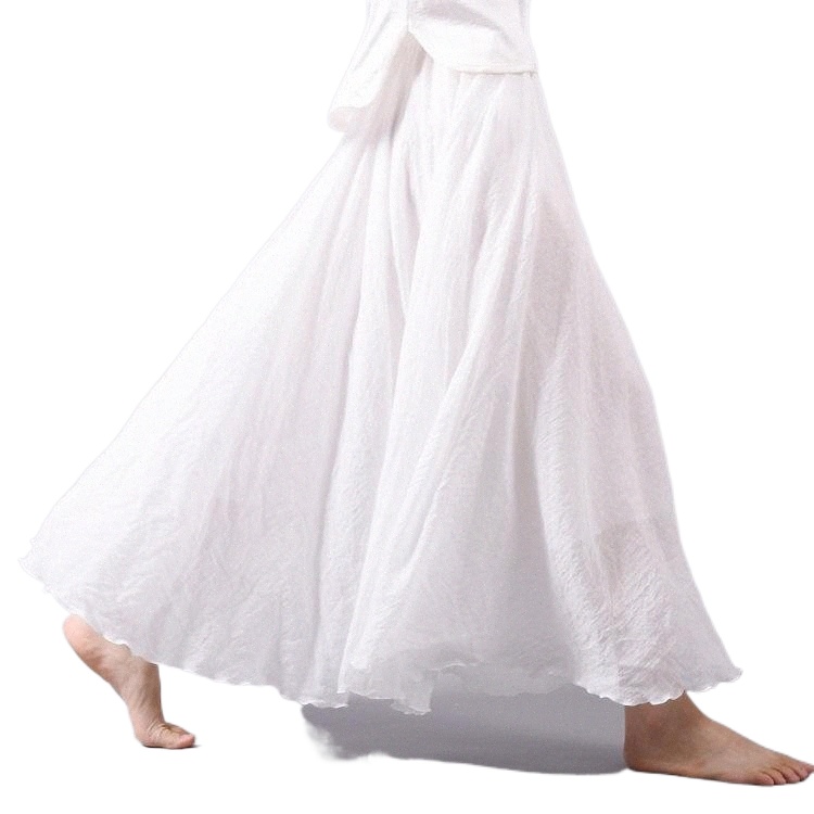 women Summer Skirt Linen Cotton Vintage Long Skirts Elastic Waist Pleated Maxi Beige White Boho Faldas 99b5#-image-790122522