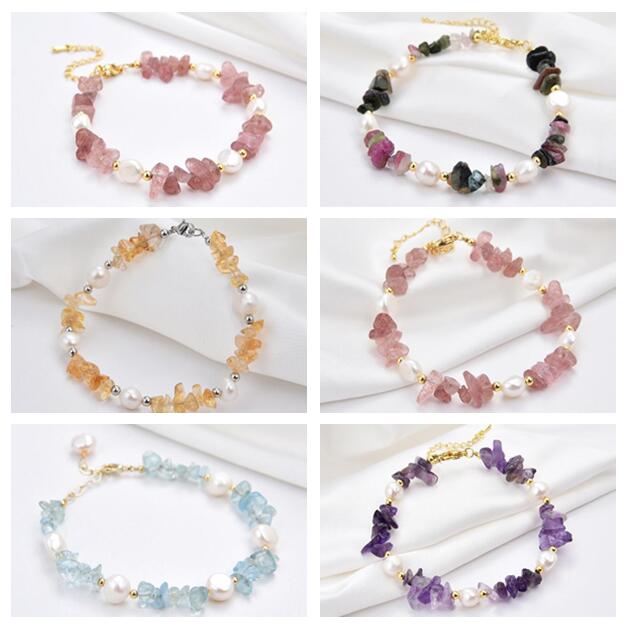 

100% Freshwater Pearl Bracelet Beaded Strands Amorphous Crushed stone crystal pearls White 7-8mm Extended chain Wedding fashion jewelry