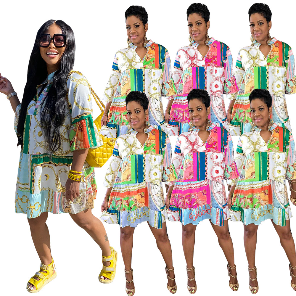 Femmes élégantes Chaîne à manches à moitié à manches Paisley Robes en ligne A-Line pour Summer Streetwear Fashion Shirt Robe