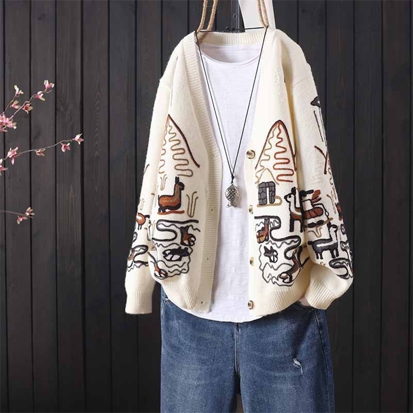 

Autumn and winter jacket loose literary V-neck long-sleeved embroidery women's knitted cardigan retro sweater 210204, Gray