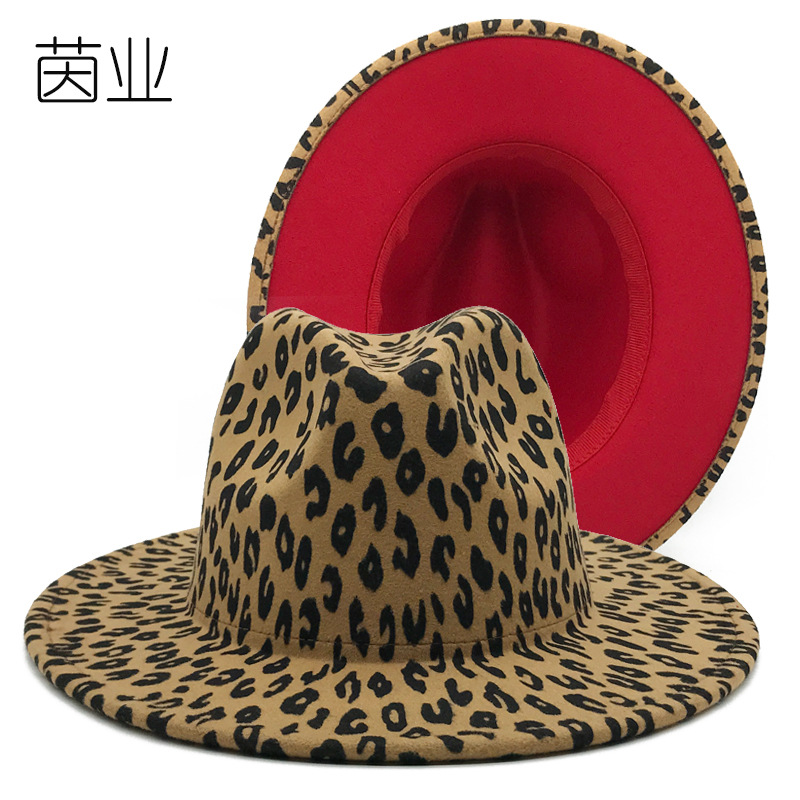 

Thick Fabric Leopard Print Color Matching Bowler Hat European and American Men and Women Fashion Double-Sided Jazz Hat Leopard Print Two Col, Camel outside and red inside