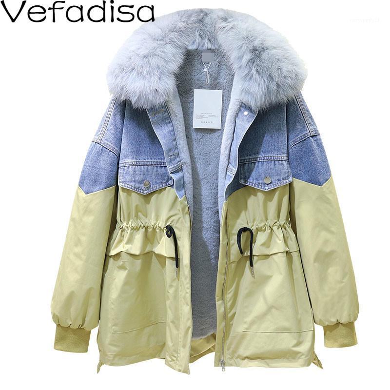 

Vefadisa Fur Collar Denim Patchwork Parka Woman Winter 2022 Drawstring Waist Cotton-padded With Back White Yellow Color QYF1055, Black