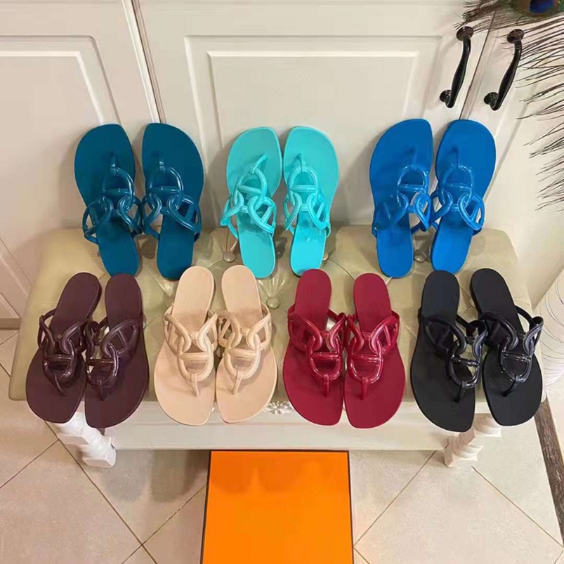 

Women Slides Oran Sandals Waterproof PU Flip Flops Non-slip Black Blue Luxury Outdoor Sexy Slippers Party Wedding Shoes With Box NO353