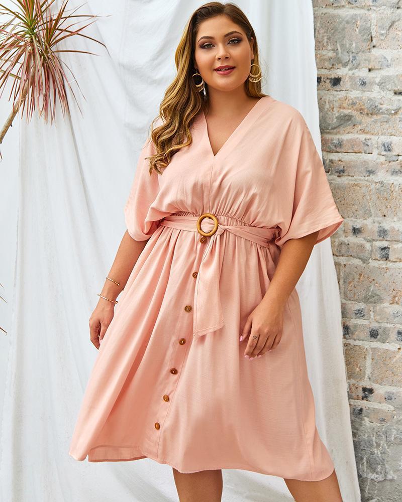 

Plus Size Dresses Loose Dressess V Neck Short Sleeve Cotton Solid Color Ladies Casual Large Dress 2022 Summer Women Jasp22, Black