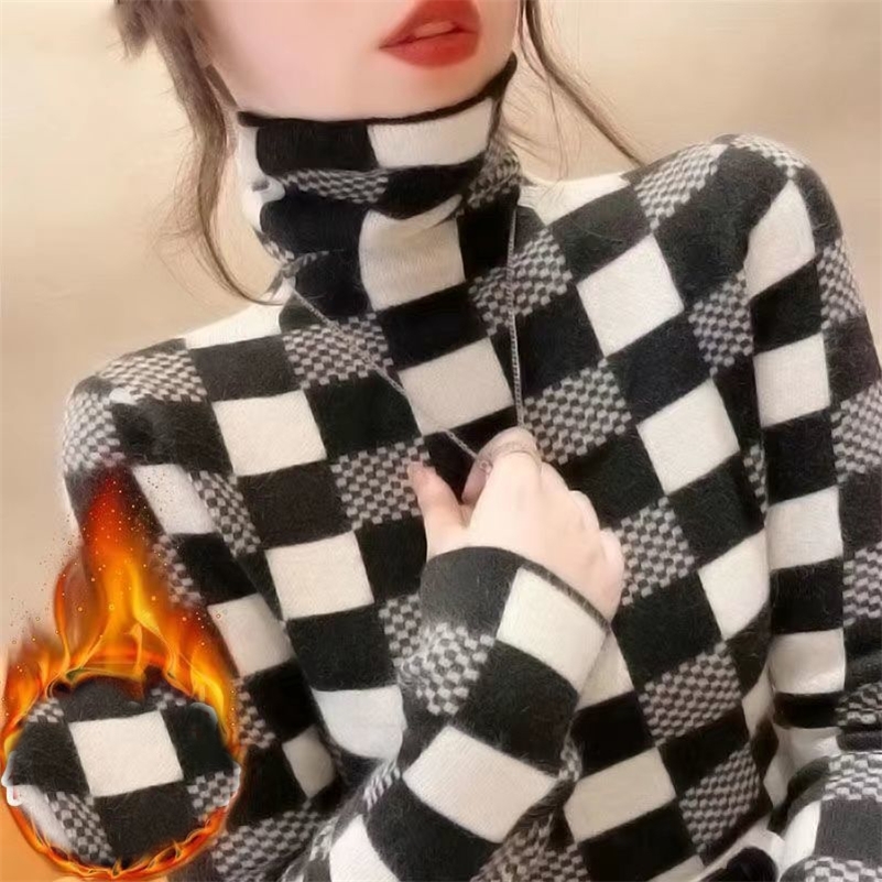 

Winter Solid Thicken Warm Turtleneck T-Shirt Women Double-Sided Velvet Soft Comfortable Bottoming Top Fashion Long Sleeved Tees 220321, Coffee-diamond