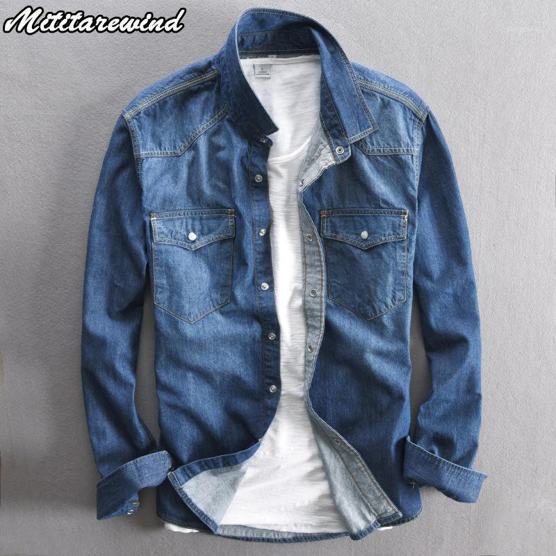 

Japanese Style Denim Shirt Men Korean Fashion Streetwear Long Sleeve Slim Fit Mens Jeans Camisa Masculina Tops Men's Casual Shirts, Dark blue