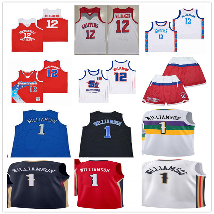 

Men Spartanburg Day Griffins High School Basketball 12# Zion Williamson Jersey 1# NOLA Orange Red White Black Blue Stitched Jerseys, As pic