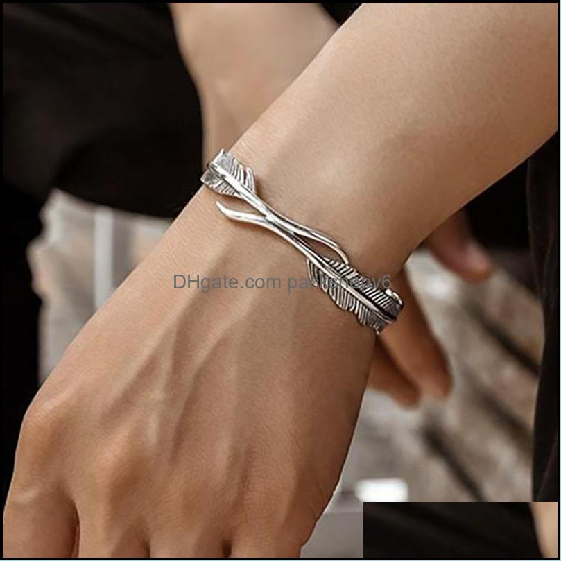 Bangle Sier Feather Shape Cuff Adjustable Classic Bracelet For Men Women Bracelets Bangles Jewelry Gift Accessories Drop Delivery 2021 Dhdsr