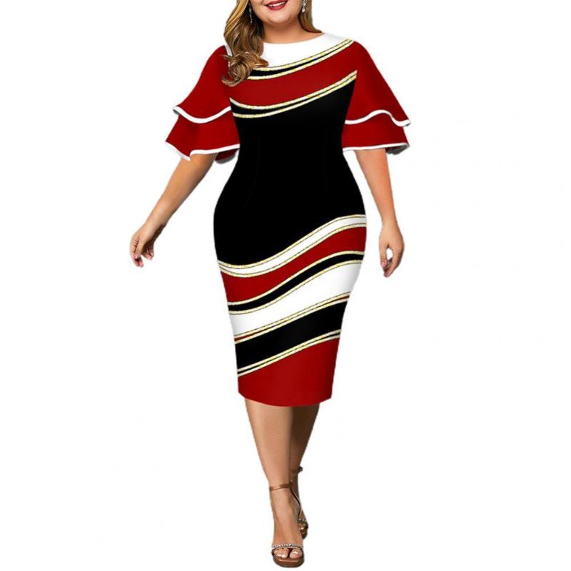 

Plus Size Dresses Dress Women Summer Geometric Print Layered Flare Sleeve Bodycon O Neck Big 5XL Midi WeddingPlus, Blue