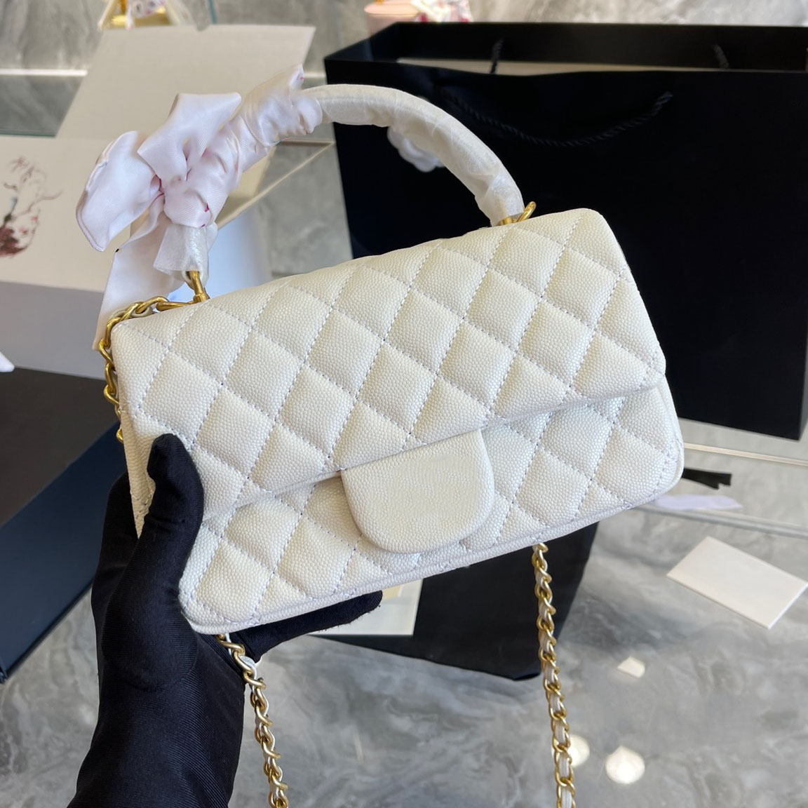 

2022Ss Pearl Caviar Mini Totes Bags Lambskin Handle With Ribbon Classic Quilted Check Metal Chain Shoulder Crossbody Designer Luxury Ladies, Box