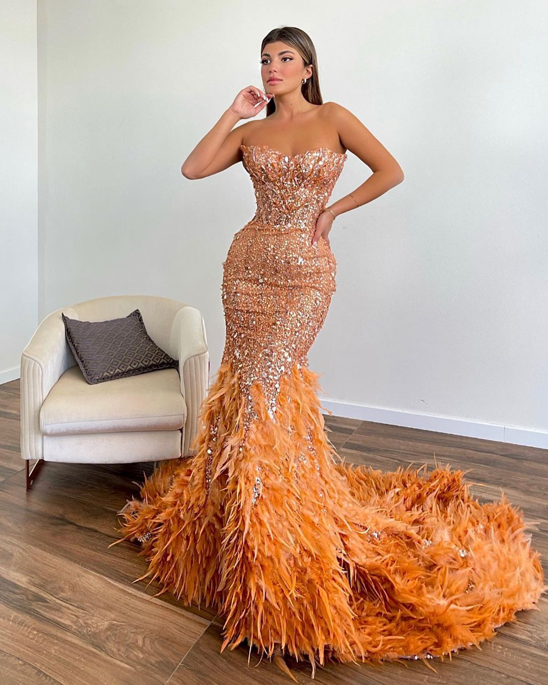 

2022 Plus Size Arabic Aso Ebi Gold Luxurious Mermaid Prom Dresses Beaded Crystals Feather Evening Formal Party Second Reception Birthday Engagement Gowns Dress ZJ2, Lilac