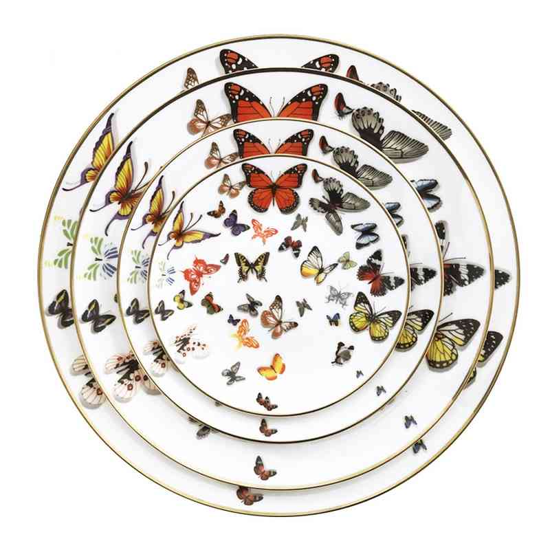 

New Ceramic Tray Steak Flat Plate Dish Gold Rim Tableware Butterfly Pure White Tableware Cake Plate Home Dining Bone China Plate, As picture show