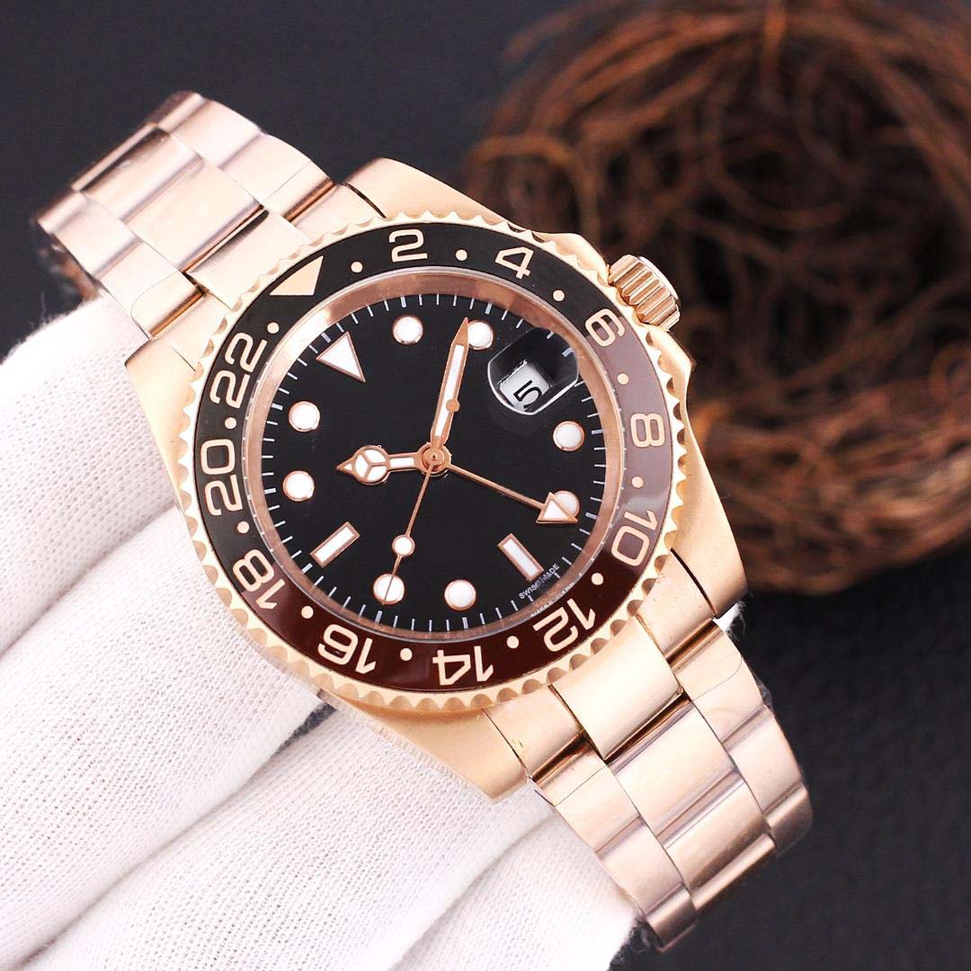 Montre Designer de Luxe Lunette Céramique Bracelet Caoutchouc Noir - Lunette Automatique Or Rose Montres Homme 40mm Résistant à l'eau rolx Sports