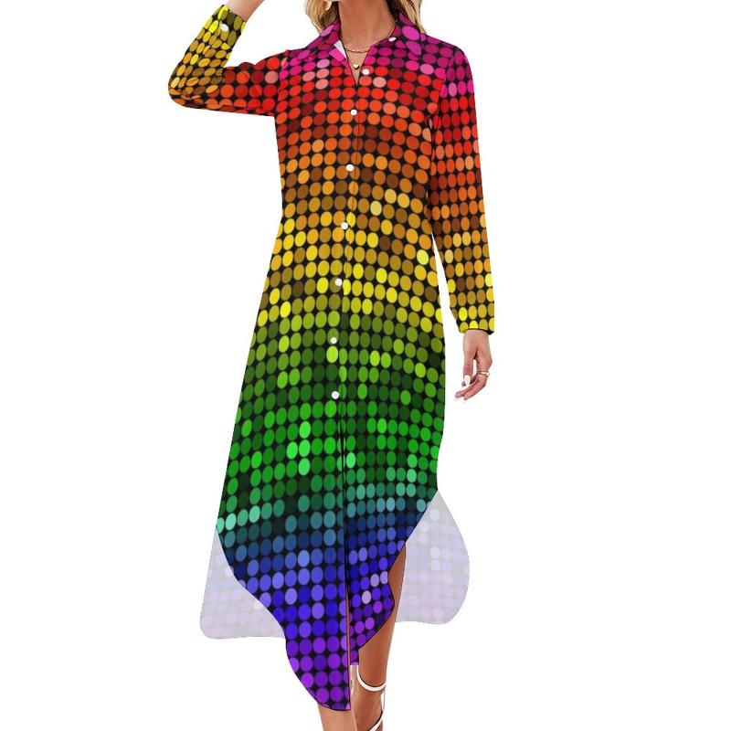 

Casual Dresses Rainbow Sequins Dress Glitter Texture Print Basic Long Sleeve Pretty Chiffon Woman V Neck Oversized Clothes, Style-7