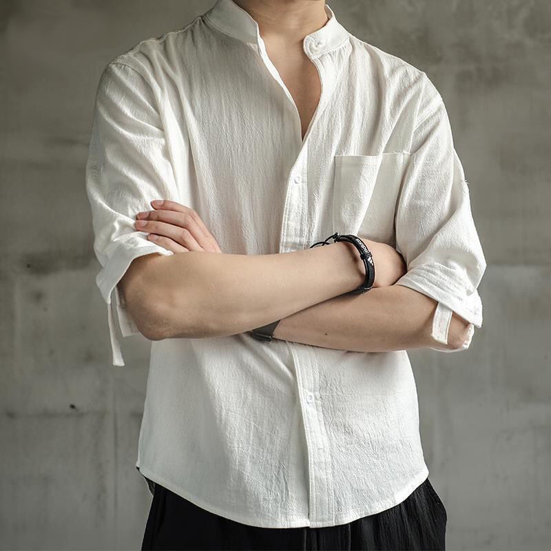 

EBAIHUI Solid Color Linen Shirt Male Three-quarter Sleeve Fashion Temperament Top Loose Cotton Linen Half-sleeve Cardigan Jacket, Ls black