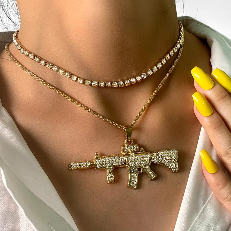Chaînes Glacé Mitraillette Cristal Tennis Colliers Ras Du Cou Pour Femmes Hommes Punk Métal M4 UZI Pendentifs Collier Bijoux En GrosChains Cha
