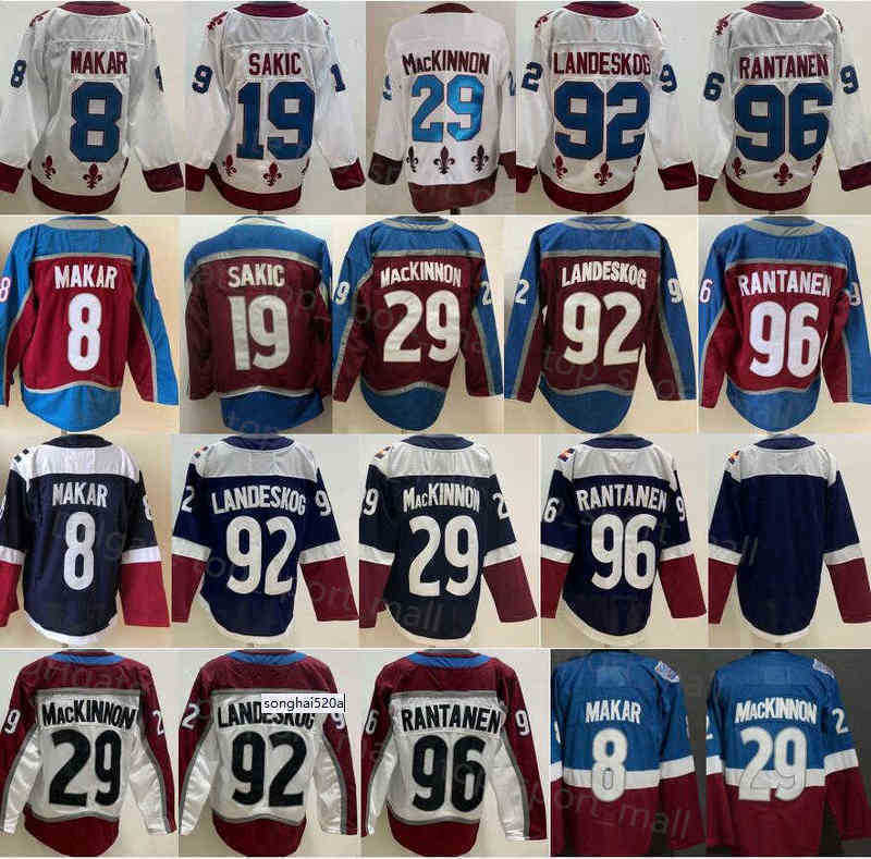 

Men Reverse Retro Ice Hockey 8 Cale Makar 29 Nathan MacKinnon 92 Gabriel Landeskog 96 Mikko Rantanen 19 Joe Sakic Blue White Red Team''nhl''Jersey