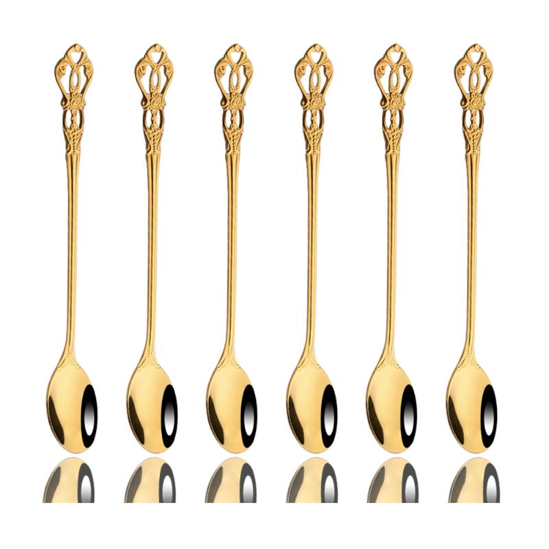 

Dinnerware Sets 6Pcs Shiny Gold Long Handle Spoon Set Stainless Steel Flatware Cutlery Stirring Drink Ice Cream Dessert Tea, Silver