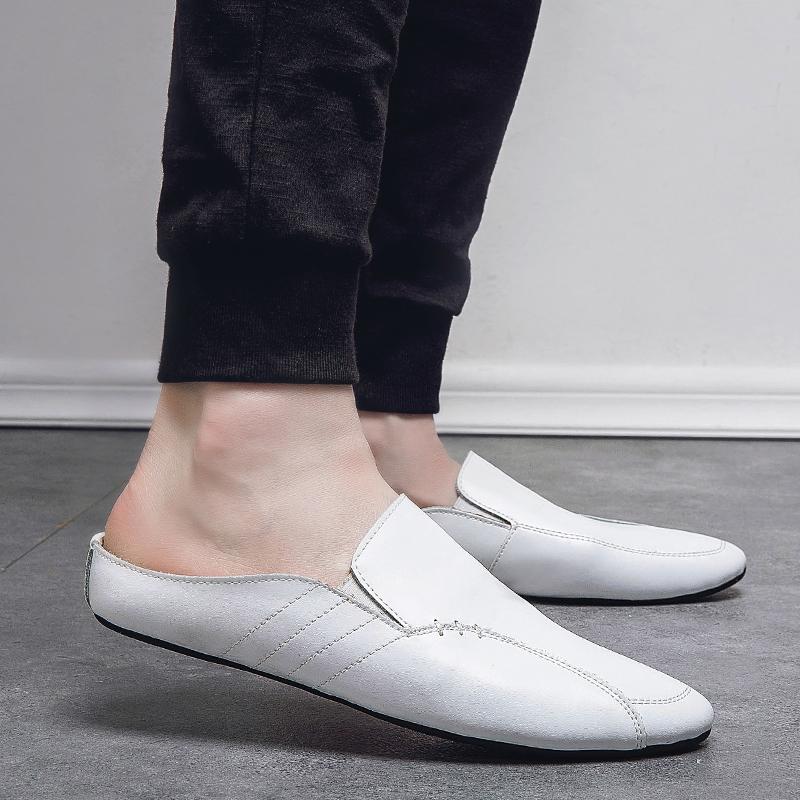 

Sandals Men Half Muller Shoes Summer Trend Slippers Genuine Leather Beach Breathable Non-slip Fashion Personality, Black