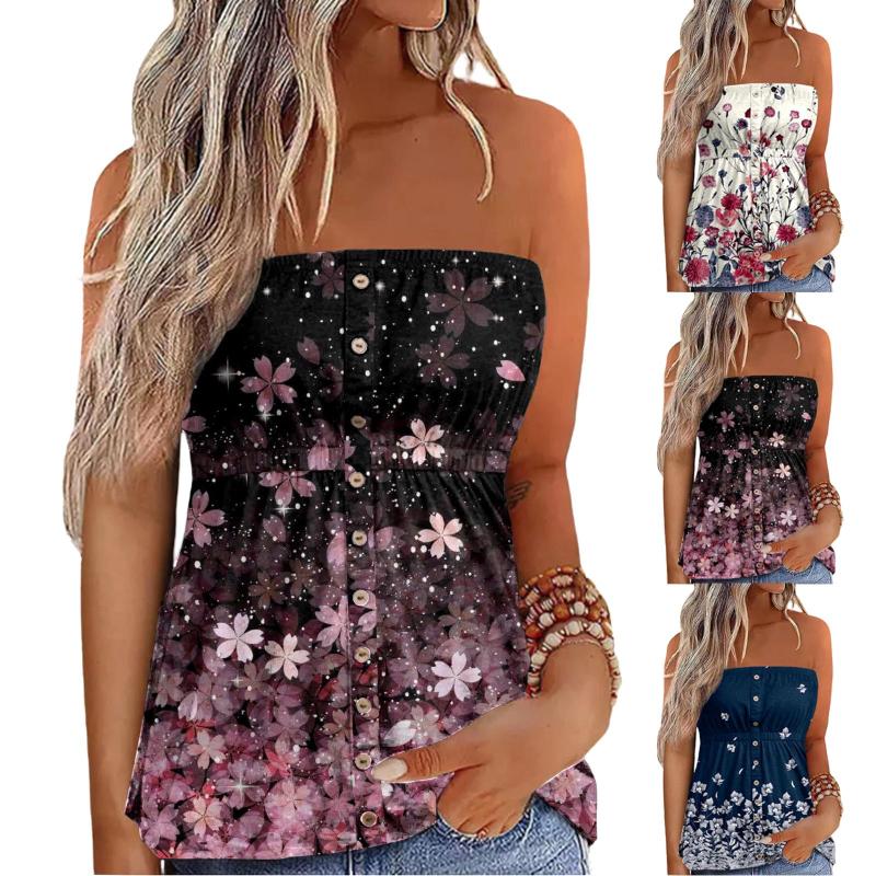 

Women' Tanks & Camis Summer Sexy Bandeau Tops Women 2022 Trendy Floral Printed Strapless Off Shoulder Tank Top Casual Crop Slim Corset Stre, Black