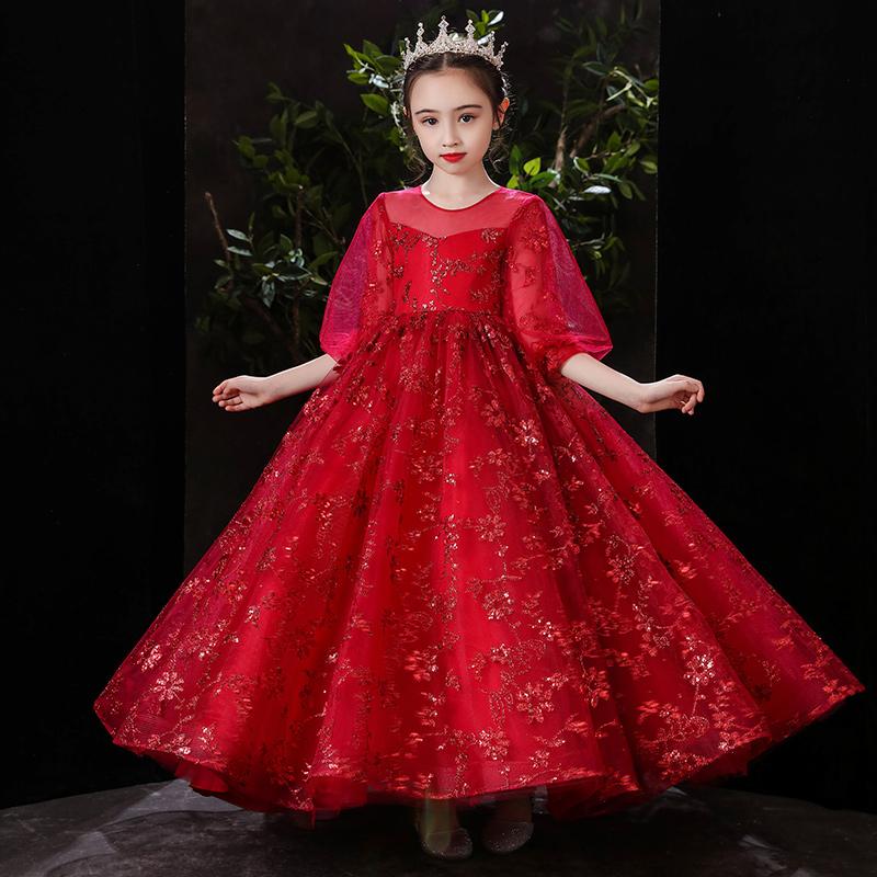 

Girl's Dresses Shiny Glitter Ball Gown Children For Wedding Evening Elegant O-Neck Maxi Long Junior Bridesmaid With SleevesGirl's, Red