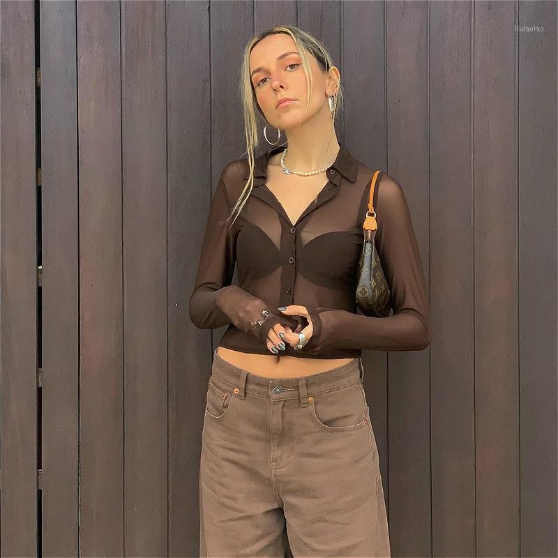 

Women' Blouses & Shirts Women Mesh Sheer Sexy Shirt 2022 Summer Autumn Long Sleeve Lapel Button See Through Club Crop Tops Female, Gray