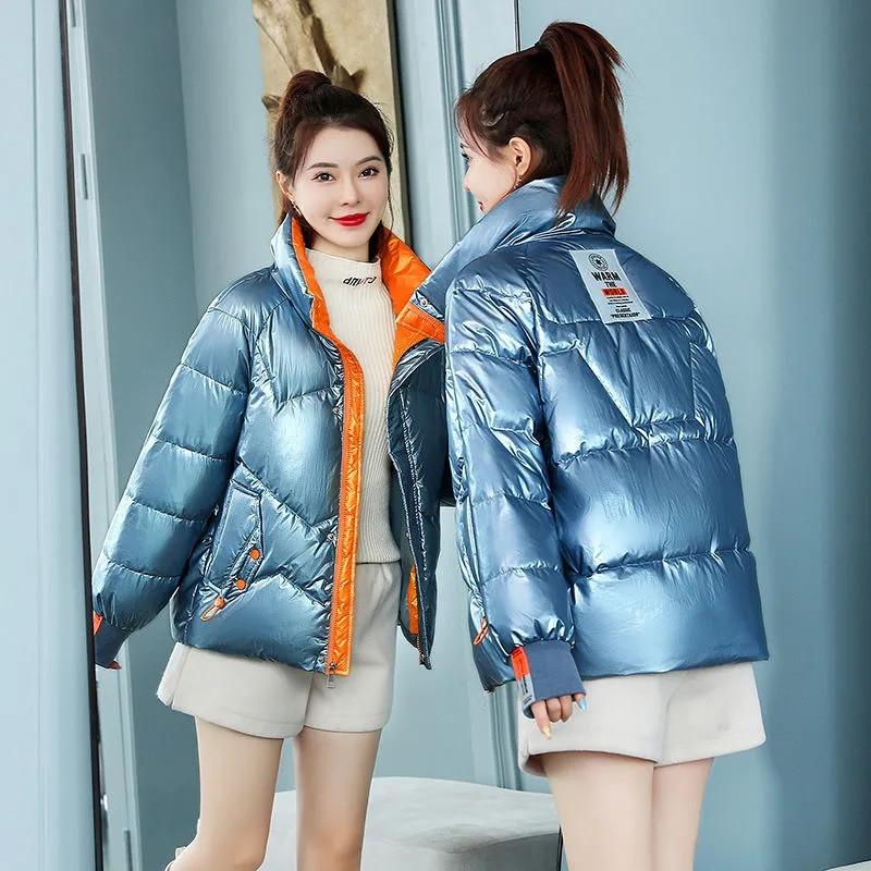 

Women's Trench Coats Women's Parkas Winter Jacket Short Glossy Thick Warm Overcoat Cotton Padded Parka Jackets Female OutwearWomen's, Light blue