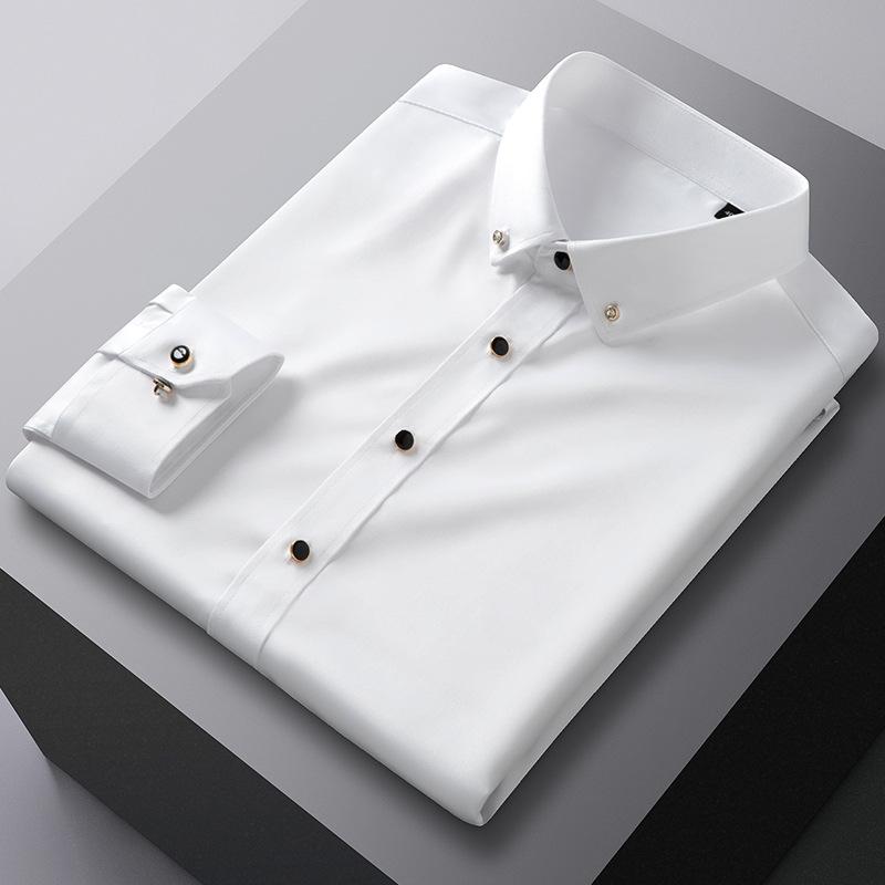 

Men' Casual Shirts Men' Trendy Drill Buckle Mulberry Silk Stretch Shirt Slim Fit Breathable Professional Lapel Light Business ShirtMen, 300-09