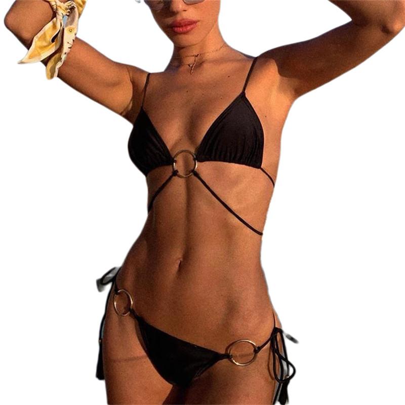 

Women' Swimwear Sexy Women Two-piece Set Solid Color/printed Lace-up Bikini Suit Split Low-waisted Swimsuits Beach Wear Bathing Suits, Black
