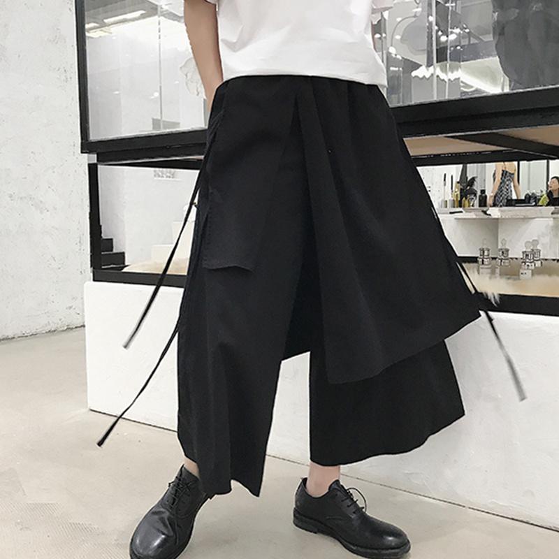 

Men's Pants Night Summer Capris Club Design Loose Harlan Wide Leg Fake Two Piece Ribbon Bandage, Black