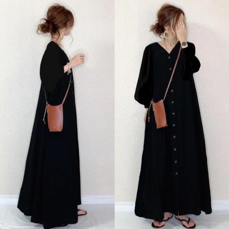 

Casual Dresses 2022 Spring Japanese Simple Solid Color V-neck Long Sleeve Dress High Waist Thin Loose Women A-line Tide, Black