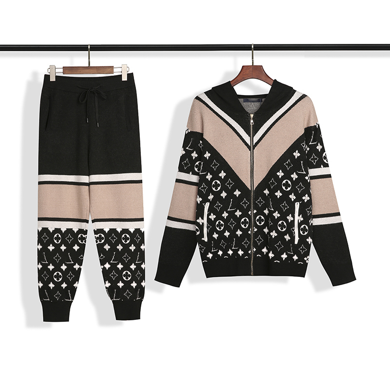 

Mens women Two Piece Pants Set Wool Knit Sweater Hoodie Sweatshirt Embroidered Round Neck Pullover Long Sleeve