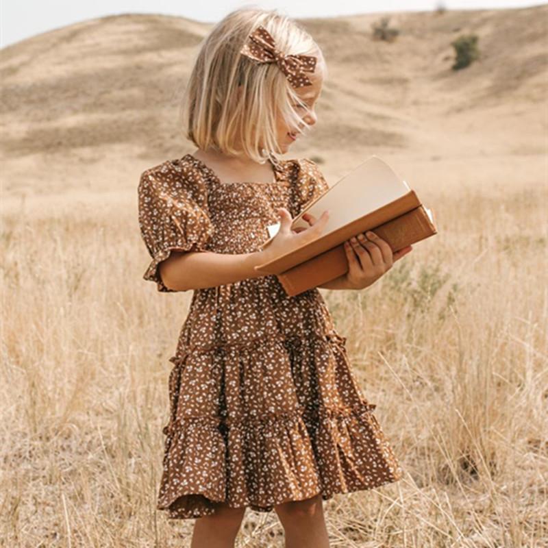 

Girl's Dresses Summer Girls Princess Children Casual Flower Print Smocked Clothes 3-8 Years Kids Birthday Party VesridosFor, White