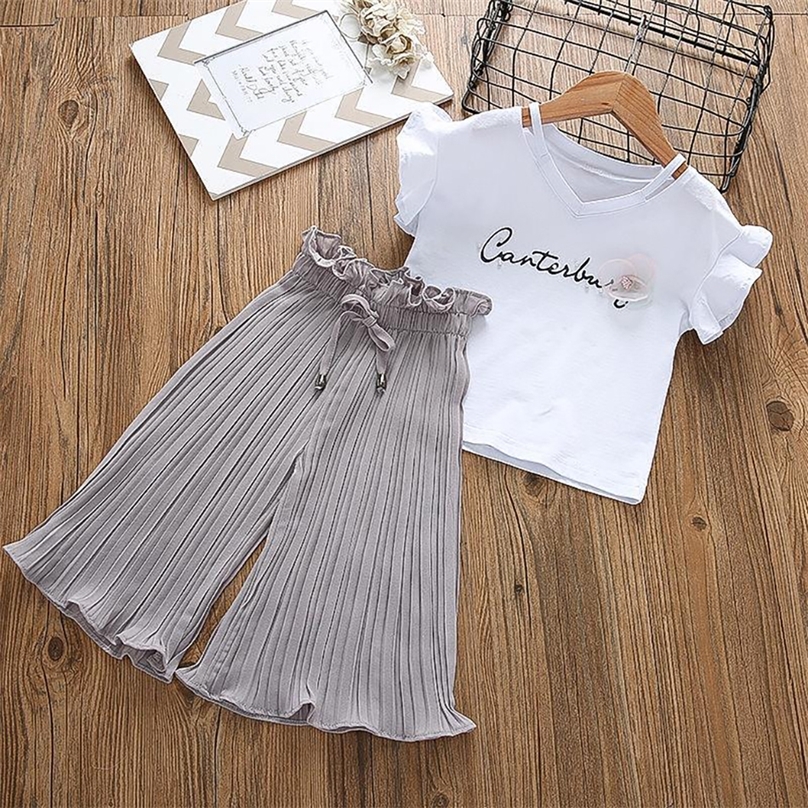 

Elegant Girls Clothes Sets Cartoon Pattern Shirt Top Casual Floral Wide Leg Pants Kids Fashion Outfit Summer JYF 220617